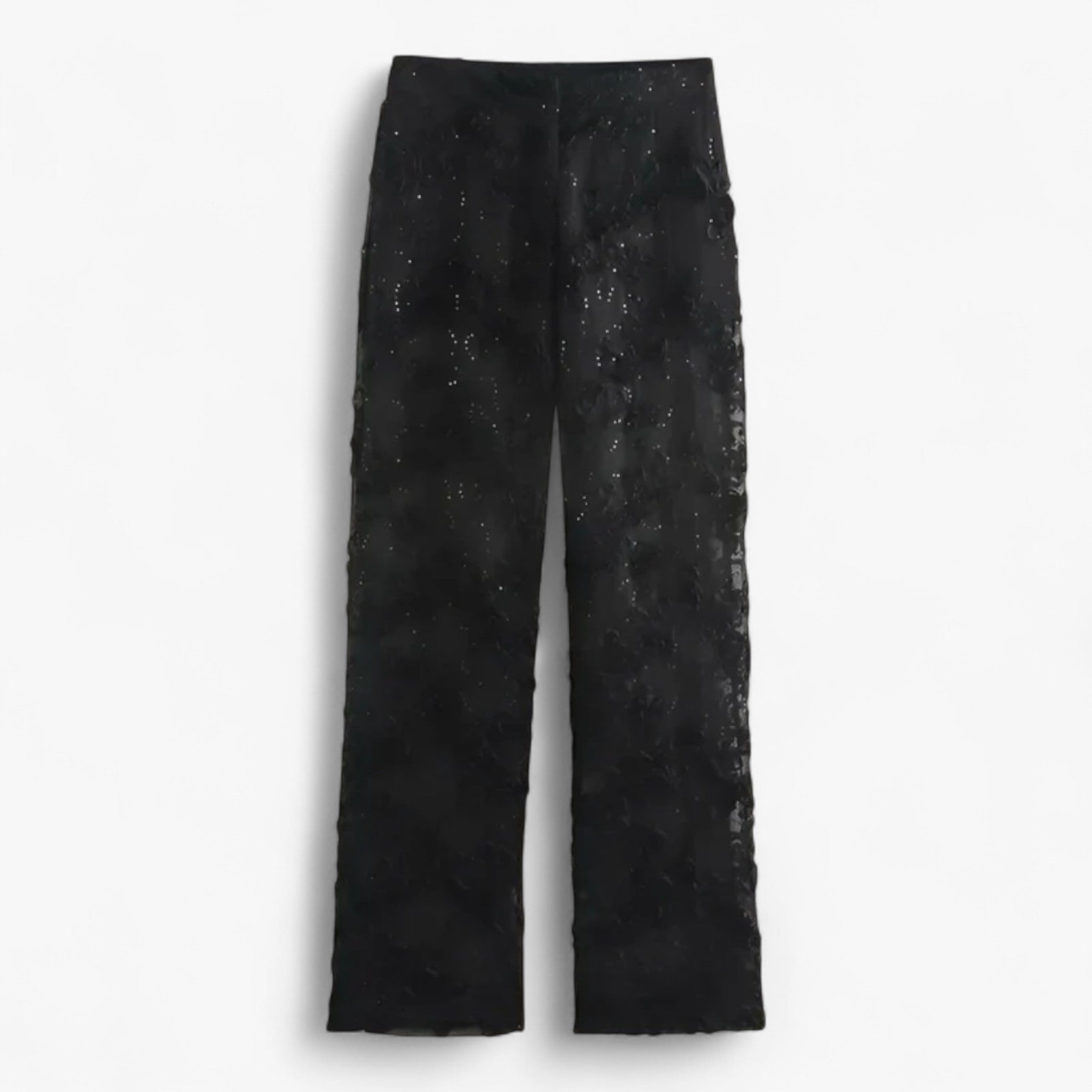 Damesjas met geborduurde parels en een broek met hoge taille