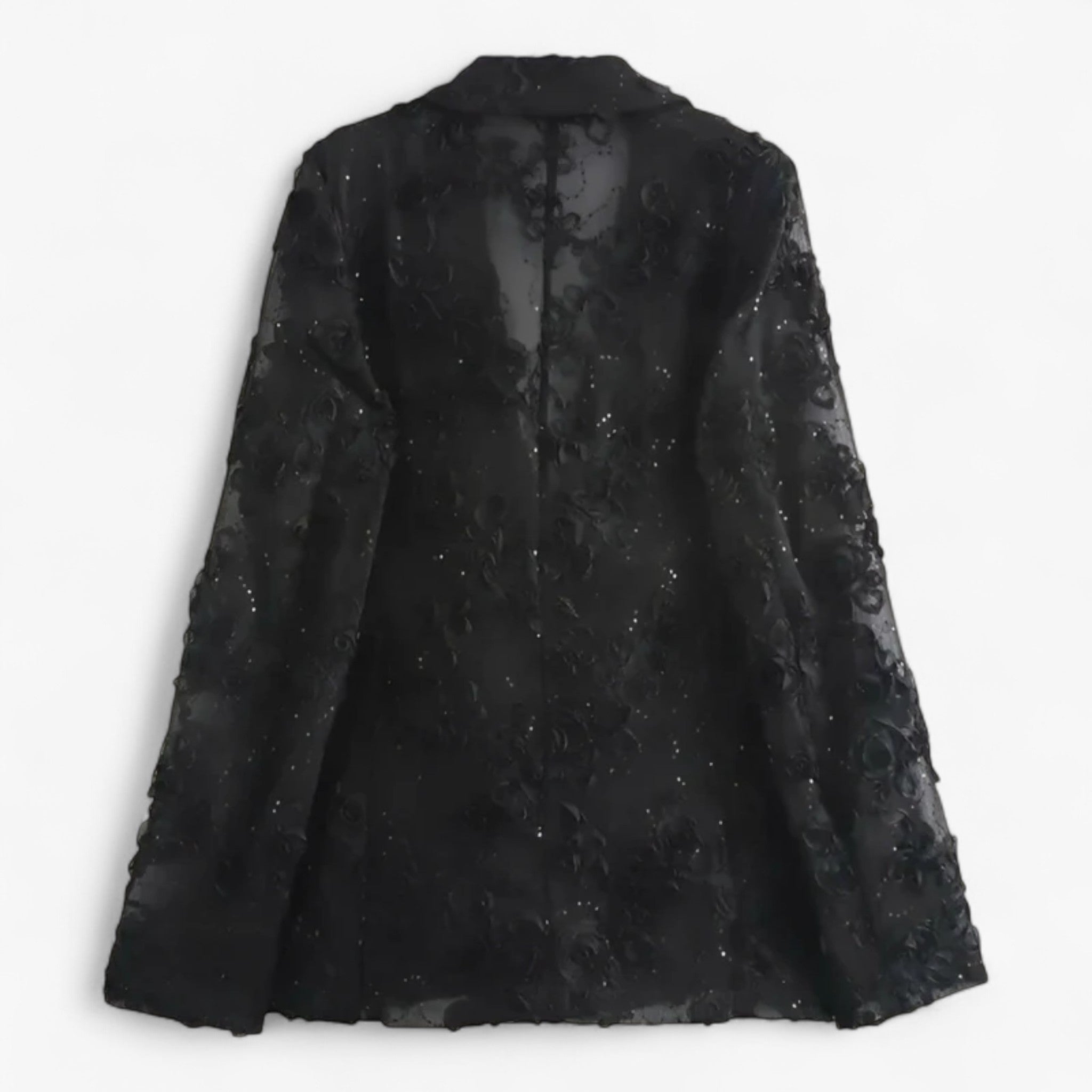 Damesjas met geborduurde parels en een broek met hoge taille