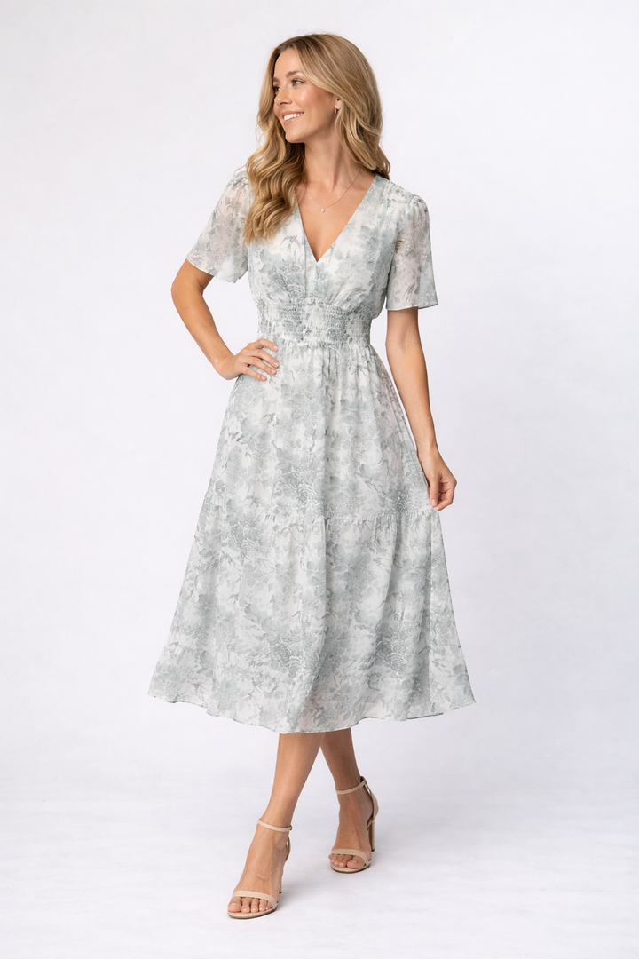 Dames Midi Jurk met Bloemenprint en V-Hals Elegante Zomerjurk
