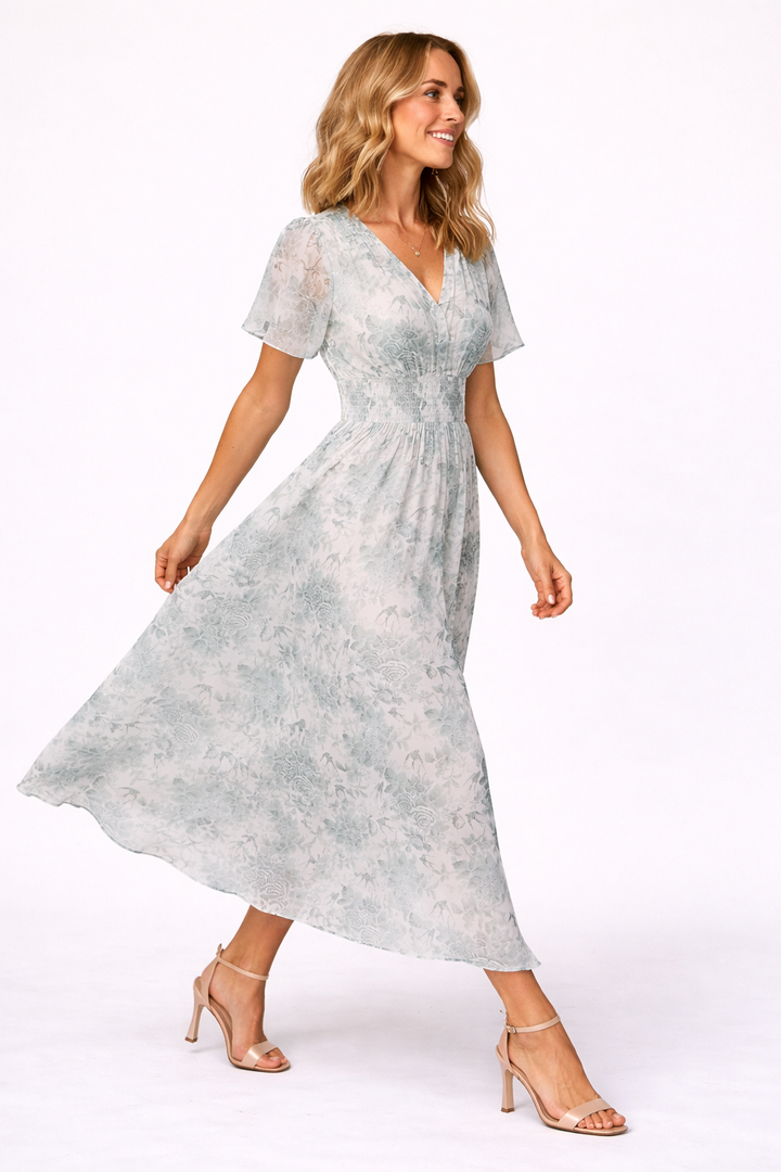 Dames Midi Jurk met Bloemenprint en V-Hals Elegante Zomerjurk