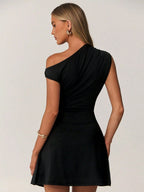 Women's Asymmetrical Mini Dress Black – One Shoulder