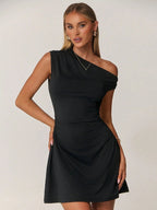Women's Asymmetrical Mini Dress Black – One Shoulder