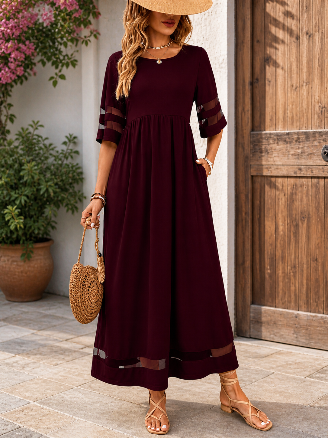 Bordeaux Rode Maxi Jurk Dames met Halflange Mouwen