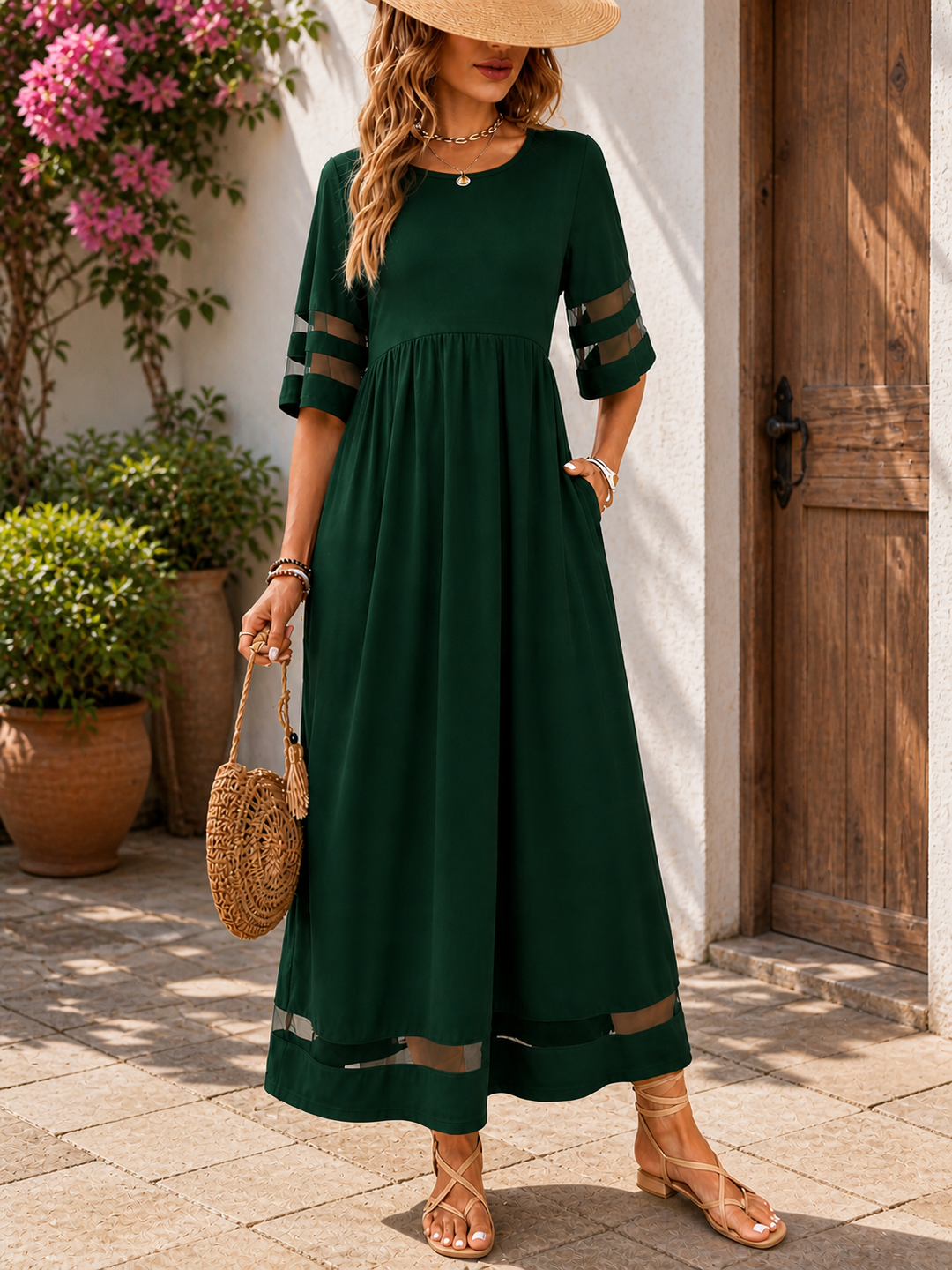 Bordeaux Rode Maxi Jurk Dames met Halflange Mouwen