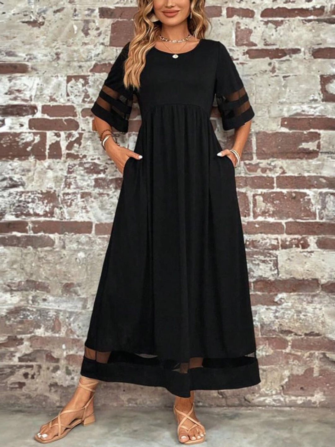 Bordeaux Rode Maxi Jurk Dames met Halflange Mouwen