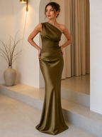 Women's Brown Satin One-Shoulder Maxi Dress