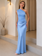 Women's Brown Satin One-Shoulder Maxi Dress