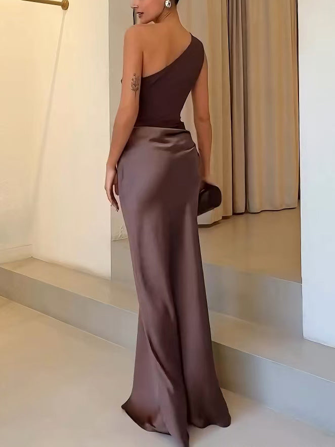 Women's Brown Satin One-Shoulder Maxi Dress