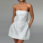 Women's Off-Shoulder Mini Dress with Jacquard Texture and Bow Detail