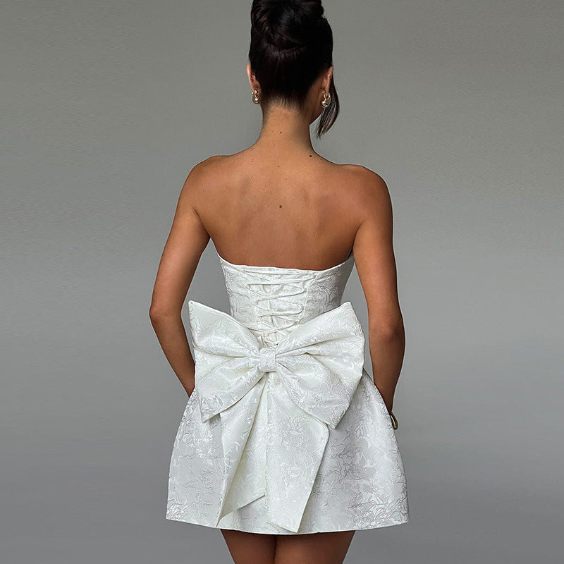 Dames Off-Shoulder Mini Jurk met Jacquard Structuur en Strikdetail