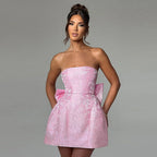 Women's Off-Shoulder Mini Dress with Jacquard Texture and Bow Detail