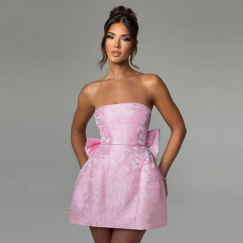 Women's Off-Shoulder Mini Dress with Jacquard Texture and Bow Detail