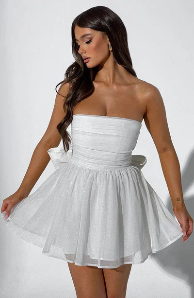 Gouden Strapless Glitter Mini Jurk met Tule Rok