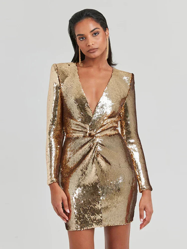Gold Sequin Mini Dress Women's Bodycon Cocktail Dress with