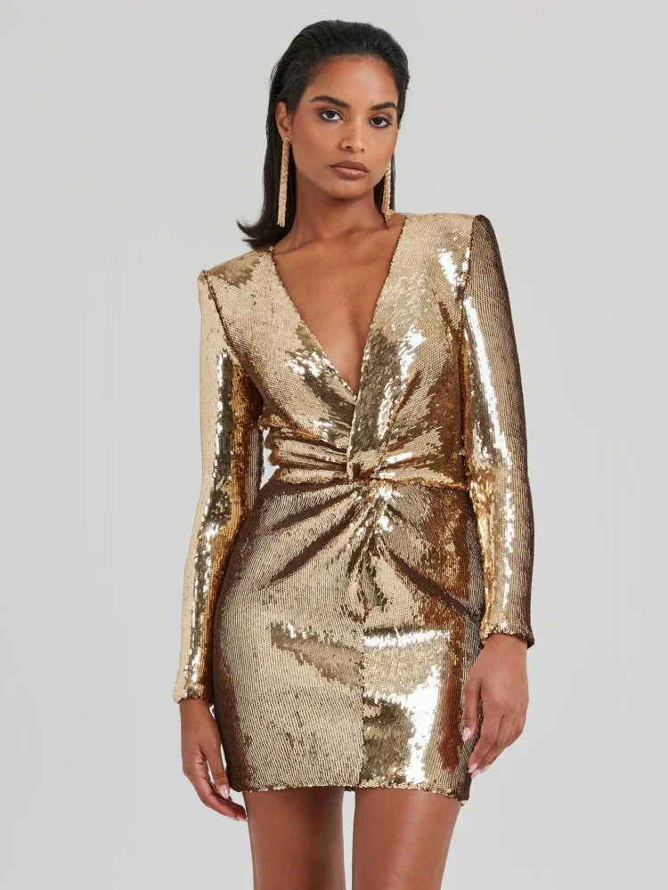 Gold Sequin Mini Dress Women's Bodycon Cocktail Dress with