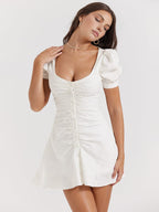 White Mini Dress Women's Summer Dress with Puff Sleeves
