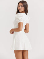 White Mini Dress Women's Summer Dress with Puff Sleeves