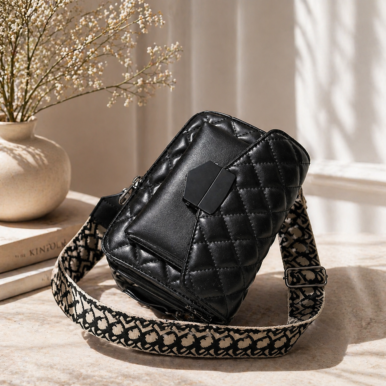 Zwarte Gewatteerde Crossbody Tas Dames Trendy Schoudertas