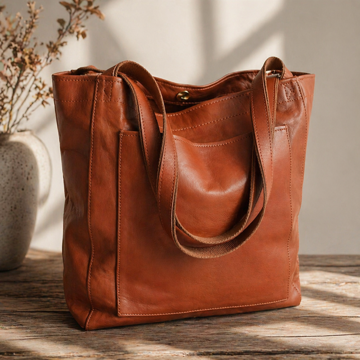Vintage Leren Shopper Dames Handgemaakte Bruine Schoudertas