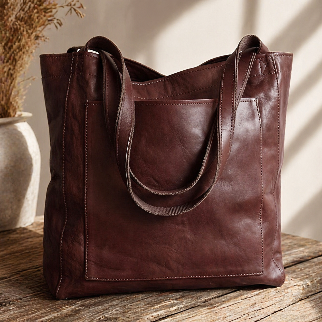 Vintage Leren Shopper Dames Handgemaakte Bruine Schoudertas