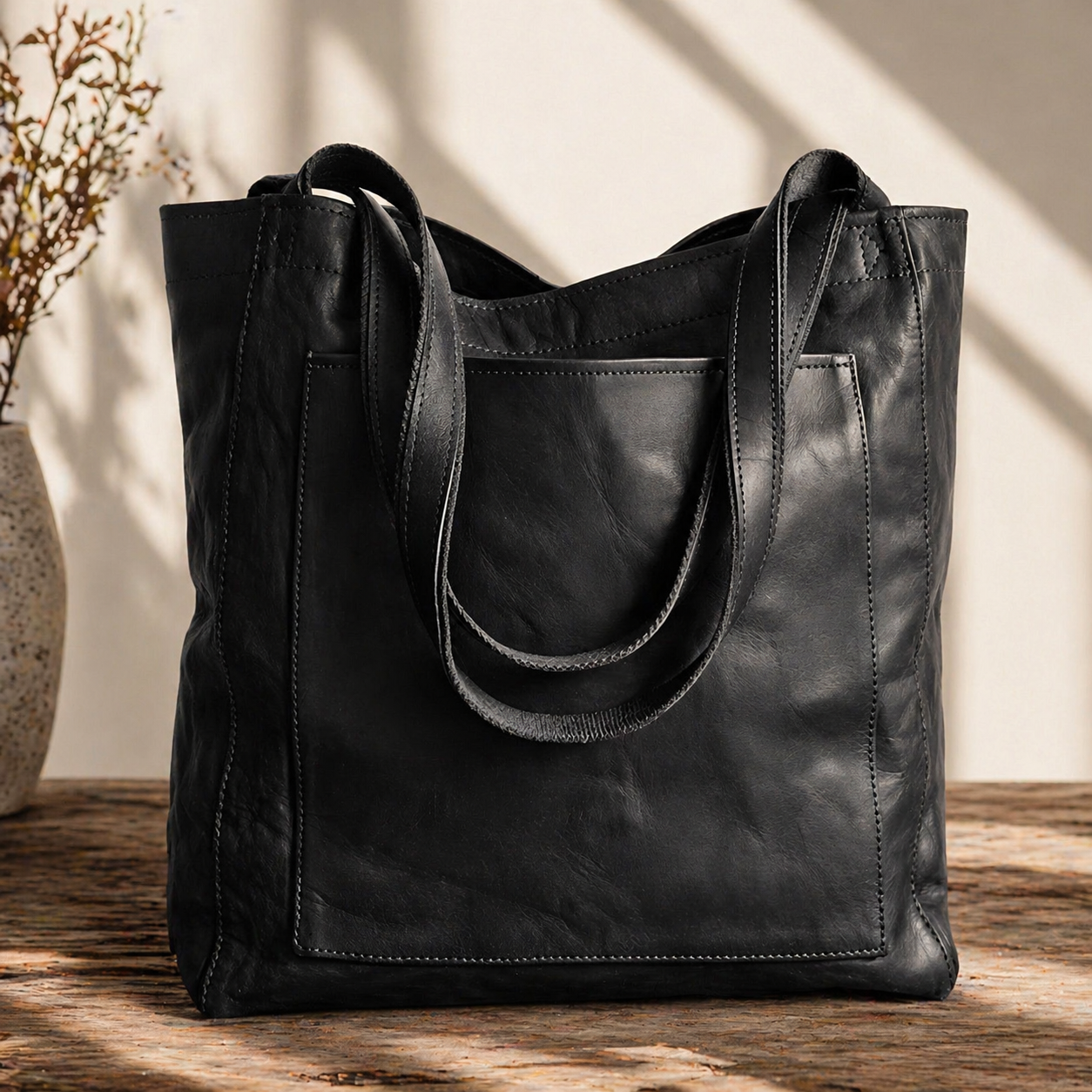 Vintage Leren Shopper Dames Handgemaakte Bruine Schoudertas