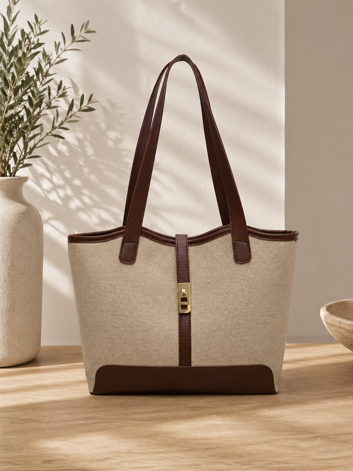 Beige Canvas Schoudertas Dames Luxe Shopper met Leren Details