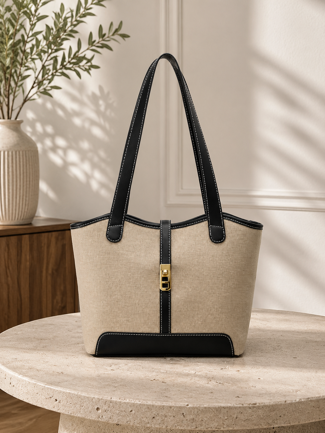 Beige Canvas Schoudertas Dames Luxe Shopper met Leren Details
