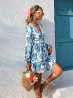 Women's Short Summer Dress Floral Print V-Neck Dress with