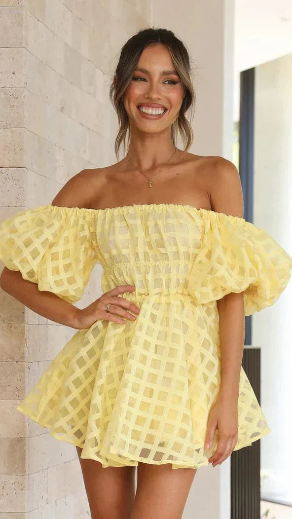 Off-Shoulder Summer Dress Women Yellow Mini Dress