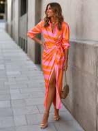 Women's Wrap Midi Dress Blue with Tropical Print
