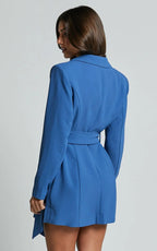 Women's Blue Blazer Dress with Waist Belt for Galas and Parties