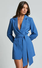 Women's Blue Blazer Dress with Waist Belt for Galas and Parties