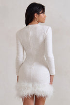 Witte Sequin Mini Jurk met Lange Mouwen en Veerafwerking