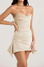 Beige Strapless Satin Mini Dress with Asymmetric Hem