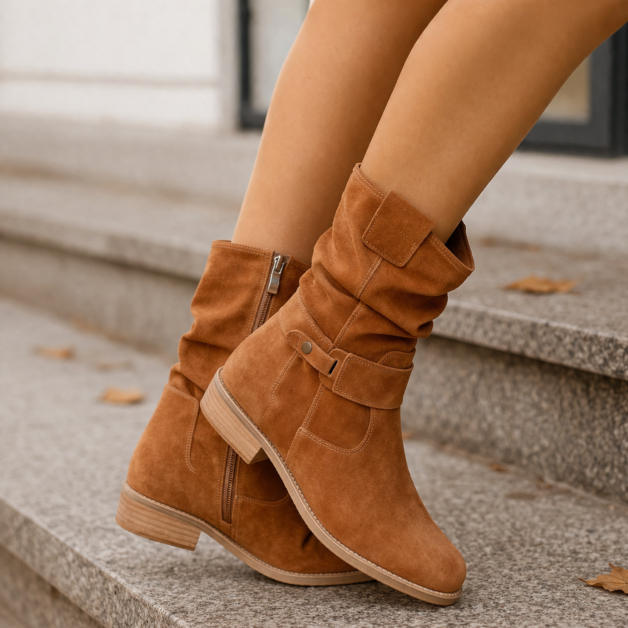 Taupe Suede Ankle Boots with Block Heel and Buckle