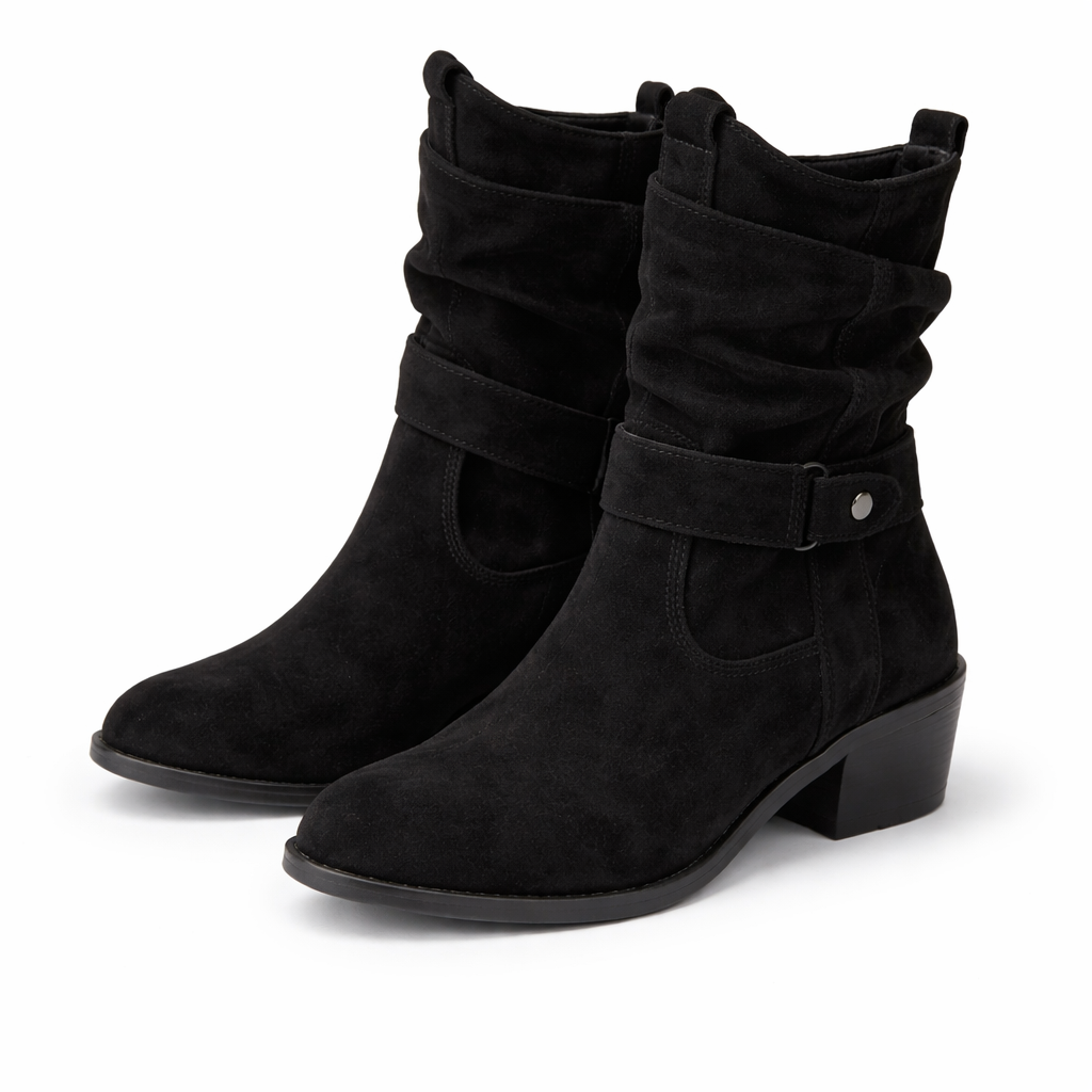 Taupe Suede Ankle Boots with Block Heel and Buckle