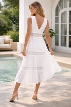Women's White Midi Summer Dress with V-Neck and Lace Details