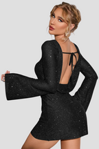 Zwarte Glitter Mini Jurk Dames met Flared Mouwen