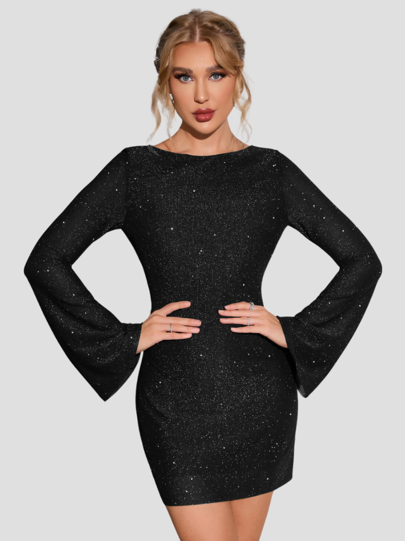 Zwarte Glitter Mini Jurk Dames met Flared Mouwen
