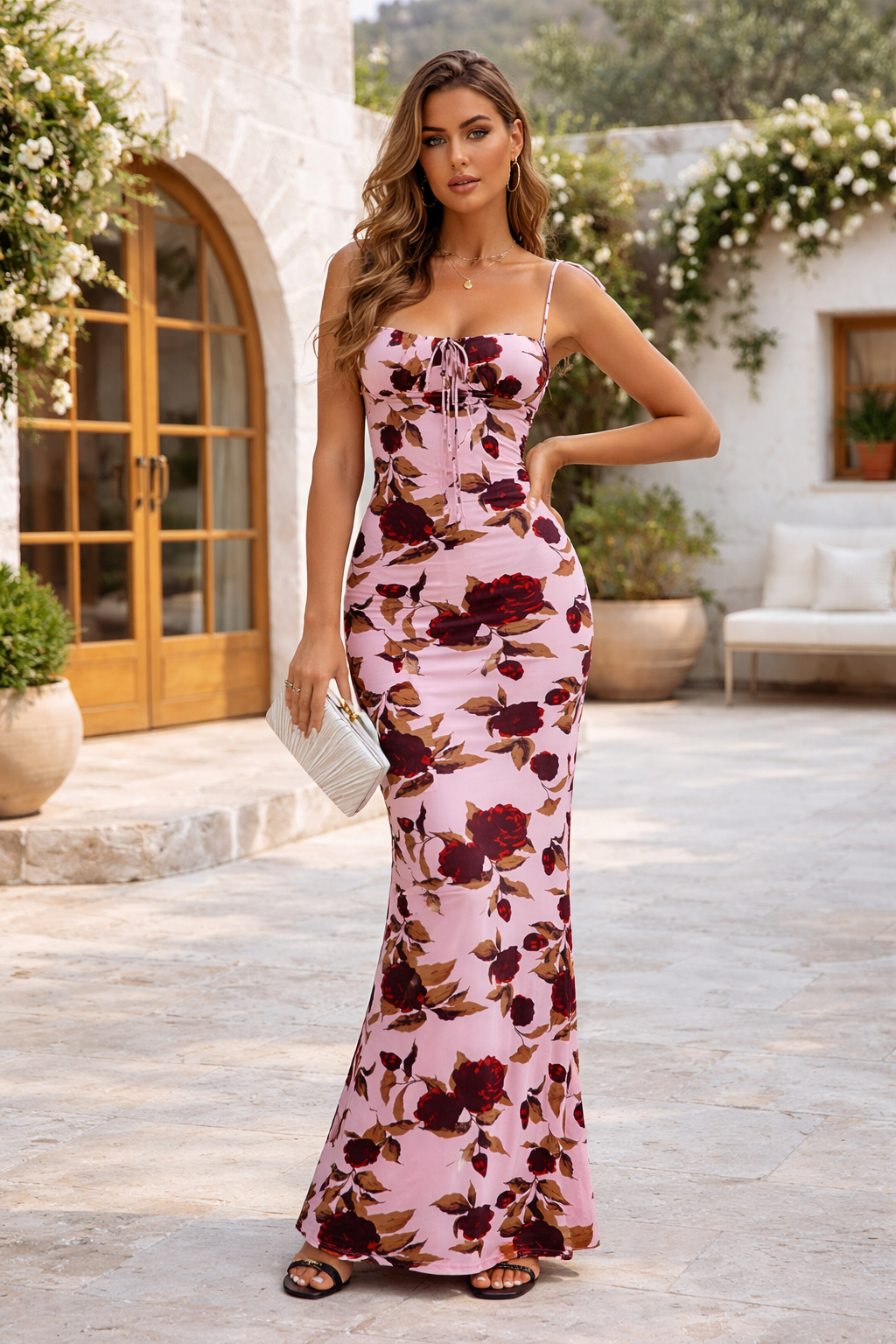 Dames Maxi Jurk met Bloemenprint en Verstelbare Strikbandjes