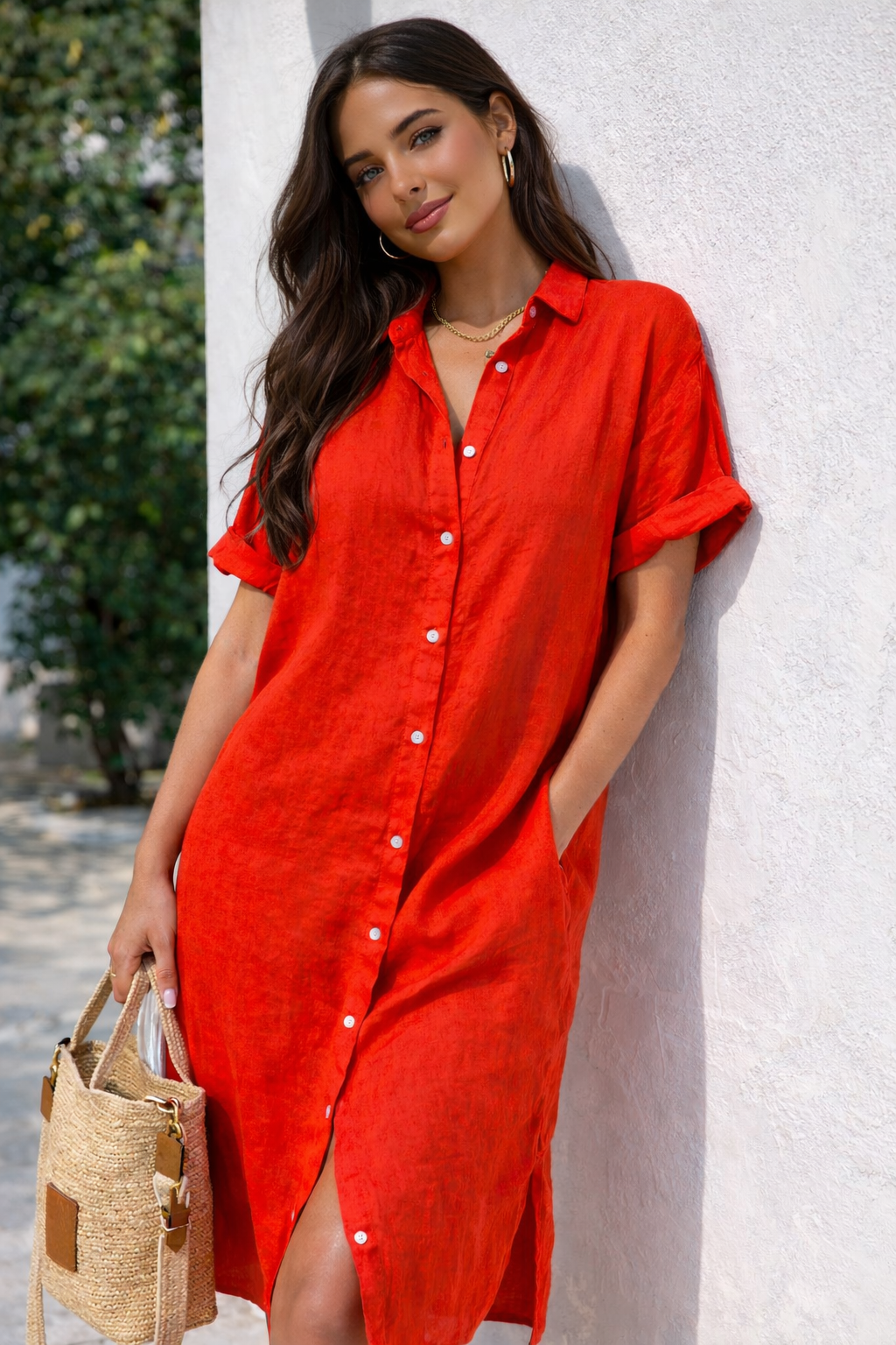 Rode Blousejurk Dames Katoen Luchtige Shirt Dress met