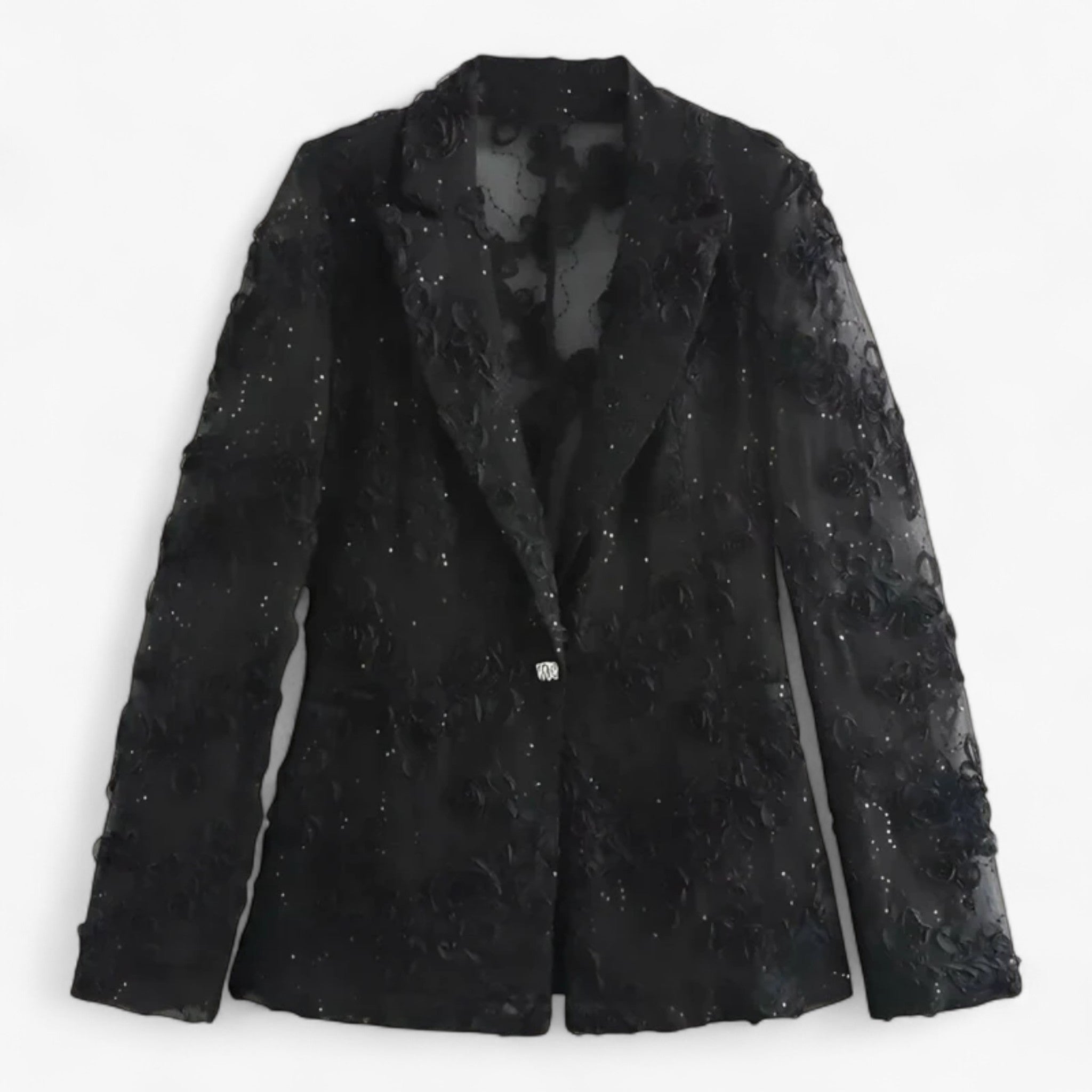 Damesjas met geborduurde parels en een broek met hoge taille