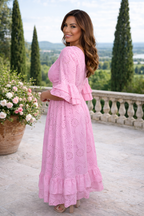 Lichtroze Maxi Jurk Dames Luchtige Zomerjurk met Broderie