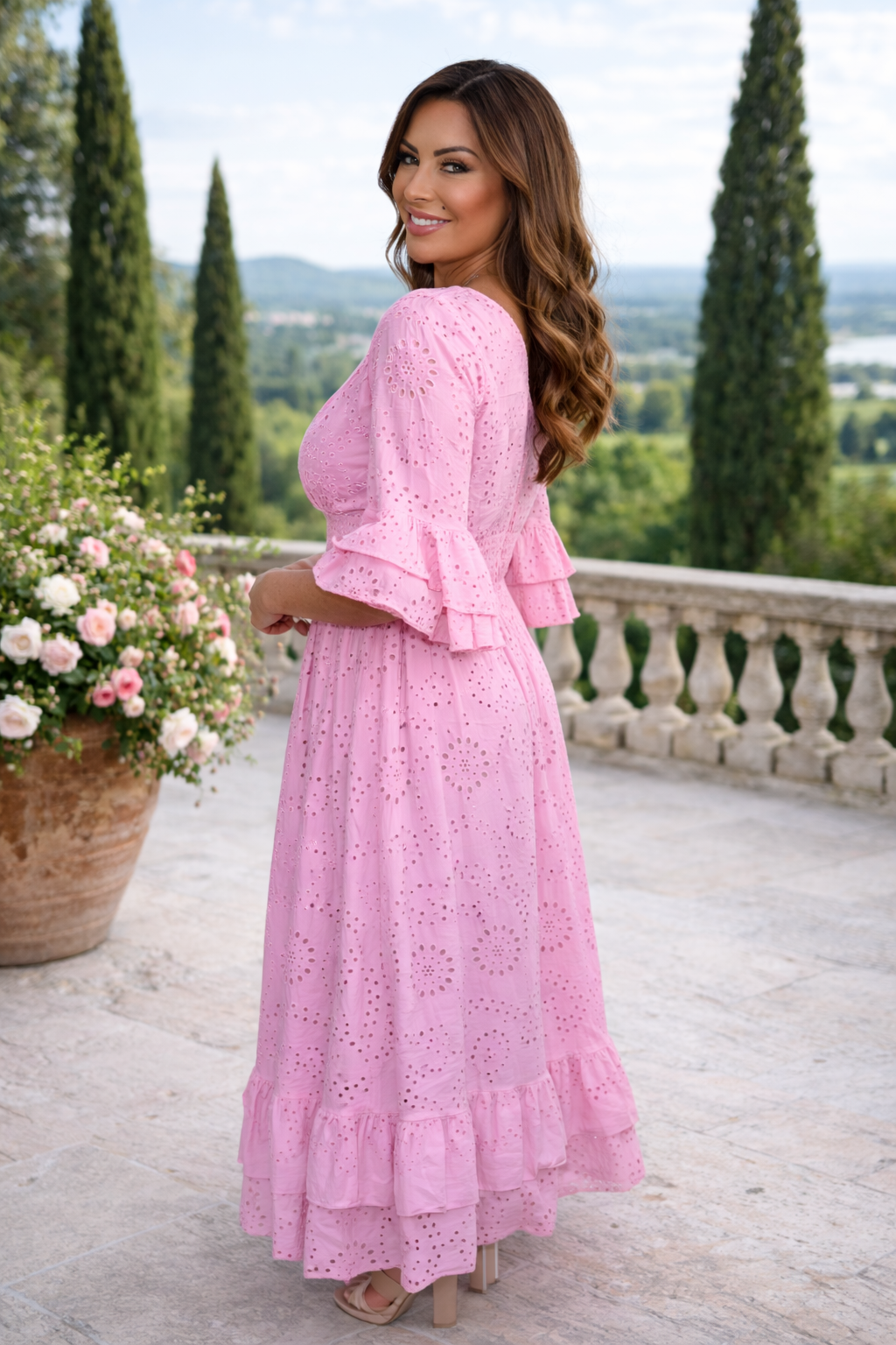 Lichtroze Maxi Jurk Dames Luchtige Zomerjurk met Broderie