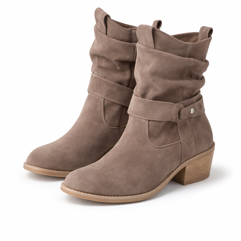 Taupe Suède Enkellaarsjes met Blokhak en Gesp