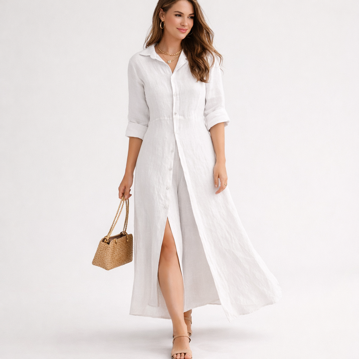 Dames Linnen Blousejurk Maxi Beige Shirt Dress met
