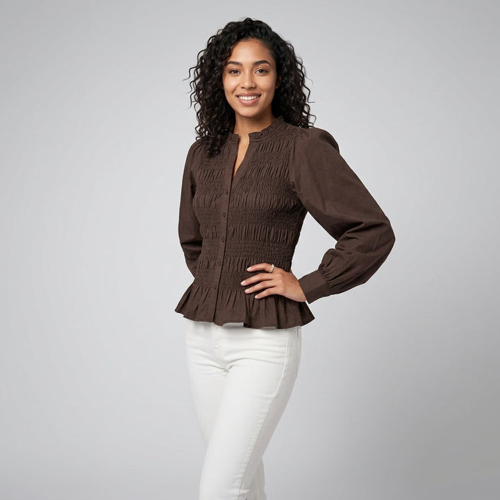 Dames Blouse met Smock Taille en V-Hals en Lange Mouwen