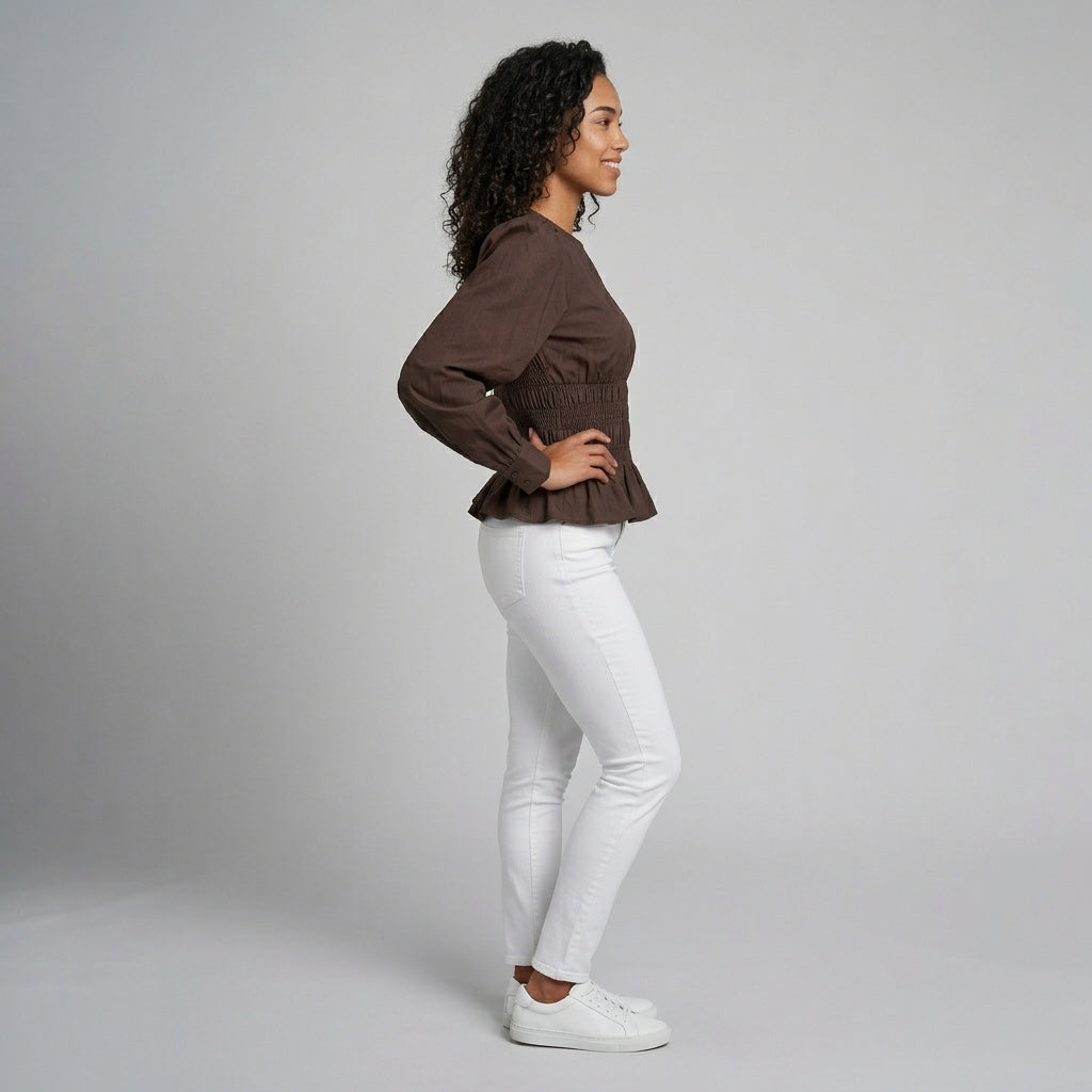 Dames Blouse met Smock Taille en V-Hals en Lange Mouwen