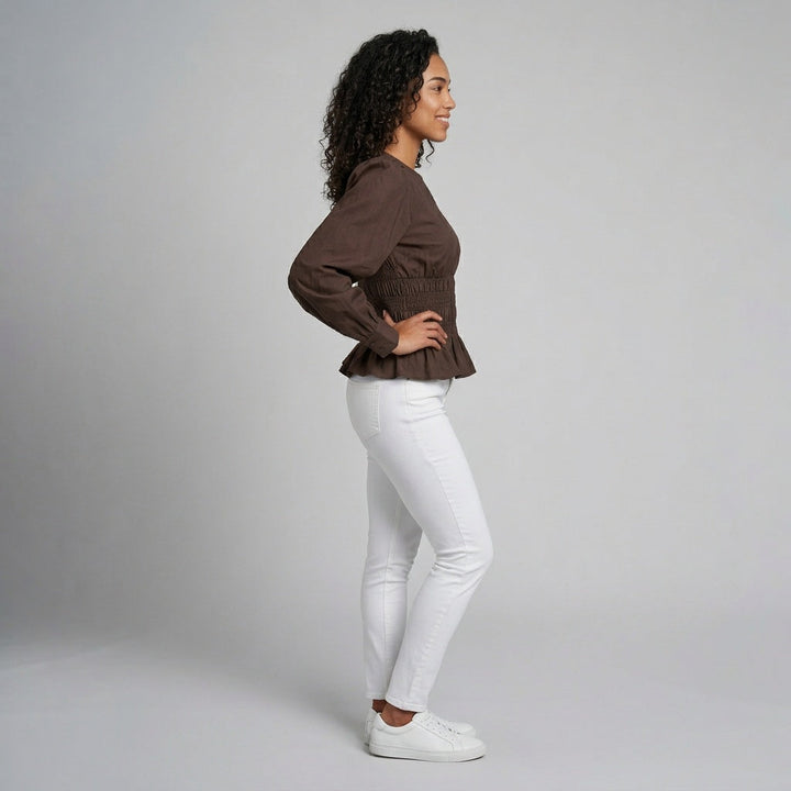 Dames Blouse met Smock Taille en V-Hals en Lange Mouwen