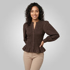 Women's Blouse with Smocked Waist and V-Neck and Long Sleeves